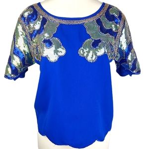English Rose Womens Sequin Beaded Embellished Short Sleeve Scalloped Edge Blouse